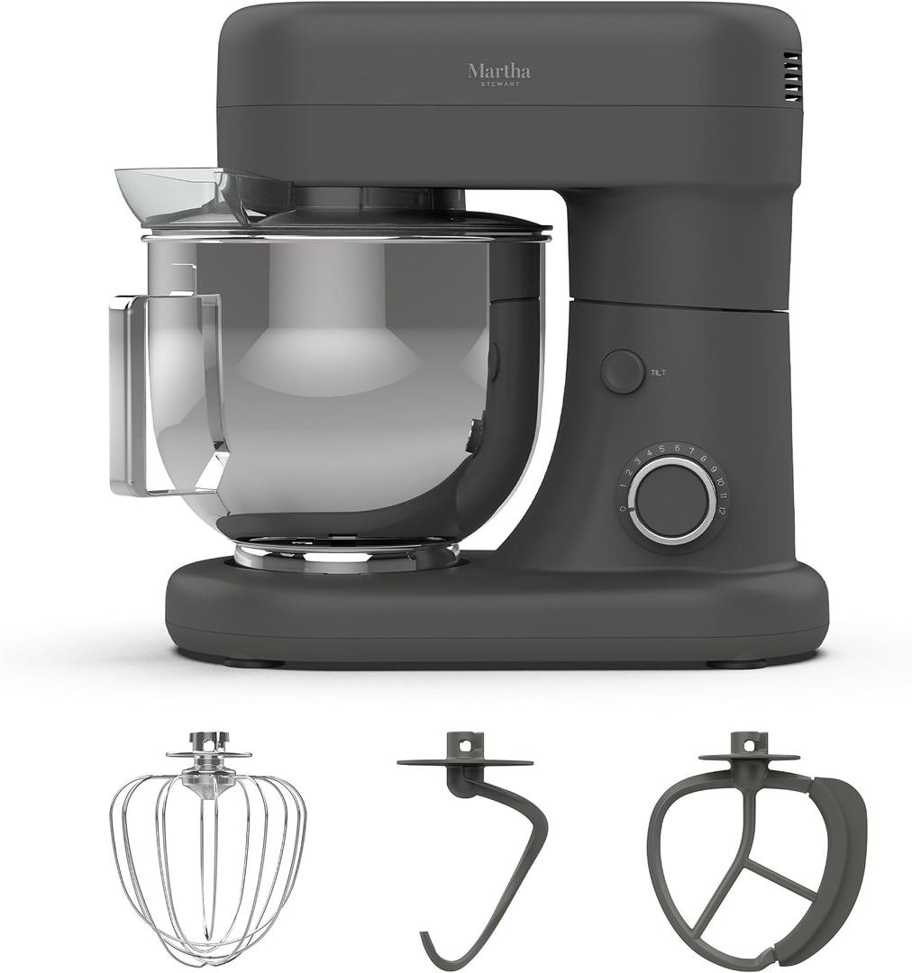 Martha Stewart Stand Mixer,12 Speed, Tilt-Head, 5.3QT Stainless Steel Bowl, Splash Guard with Pour Chute, Whisk, Dough Hook, Flat Beater,Electric Kitchen Baking Mixer, Bread, Cake, Whip, Caviar Gray