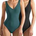 SUUKSESS Women 2 Piece Thong Bodysuit Sexy V Neck Backless Sleeveless Tank Tops (Medium, (Black & Peacock Blue))
