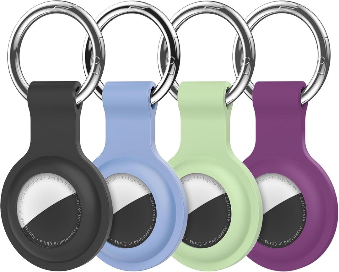 Compatible with AirTag Holder Case Keychain 4 Pack,Silicone for Air Tags Key Chain Ring Case Cover for Air Tag Holder GPS Tracker Item Air Tags Finders Accessories Air Tagholder for Kids,Bags,Luggages (Black/Gray Blue/Green/Dark Purple)