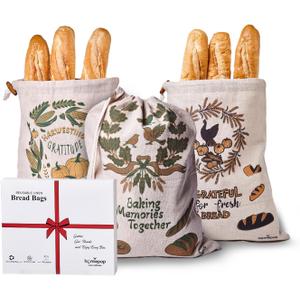 Bread Bags for Homemade Bread  3Pcs Linen Reusable Bread Bags with Drawstring Closure  Festive Thanksgiving Design 17 x 13 Inch Sourdough Bag in Ready to Gift Packaging Box