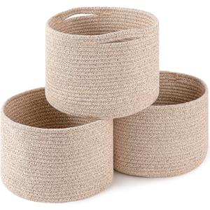 OIAHOMY Small Storage Baskets for Organizing,Closet Cube Shelf Storage, 9.89.87.1, Woven Cotton Rope Gift Baskets for Nursery,Cute Dog Toy bins, Round 3 Packs, Brown