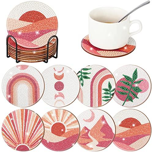 Vesici 8 Pcs Pink Diamond Painting Coasters with Holder Abstract Plants Diamond Art Painting Coasters Boho Art Coaster Kit with Holder DIY Crafts Kits for Adults Beginner Gift Supplies(Pink)