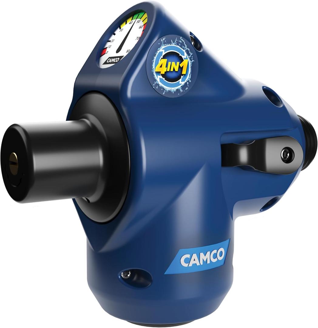Camco Tastepure 4-in-1 Adjustable RV Water Pressure Regulator - Combines a 90 RV Hose Elbow Design, Pressure Gauge, Adjustable Regulator, & Shut-Off Valve in One RV Accessory (40065), 5 5/16" x 2 5/8" x 4 13/16"