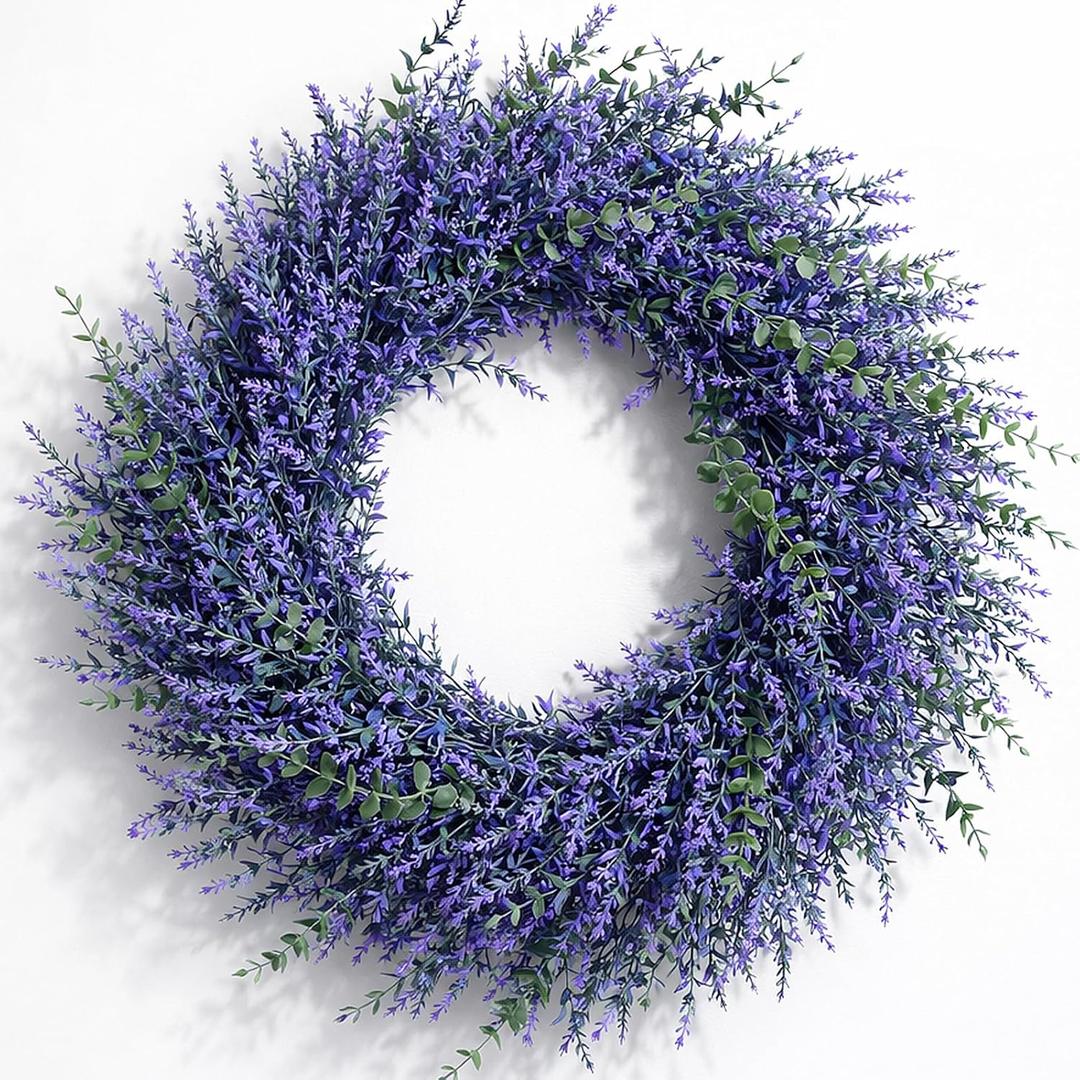 26" Eucalyptus Lavender Wreath for Front Door, Large Full Purple Artificial Lavender Wreath for Outdoor Covered Porch, Window, Farmhouse Wall Decor, Spring Summer All Seasons