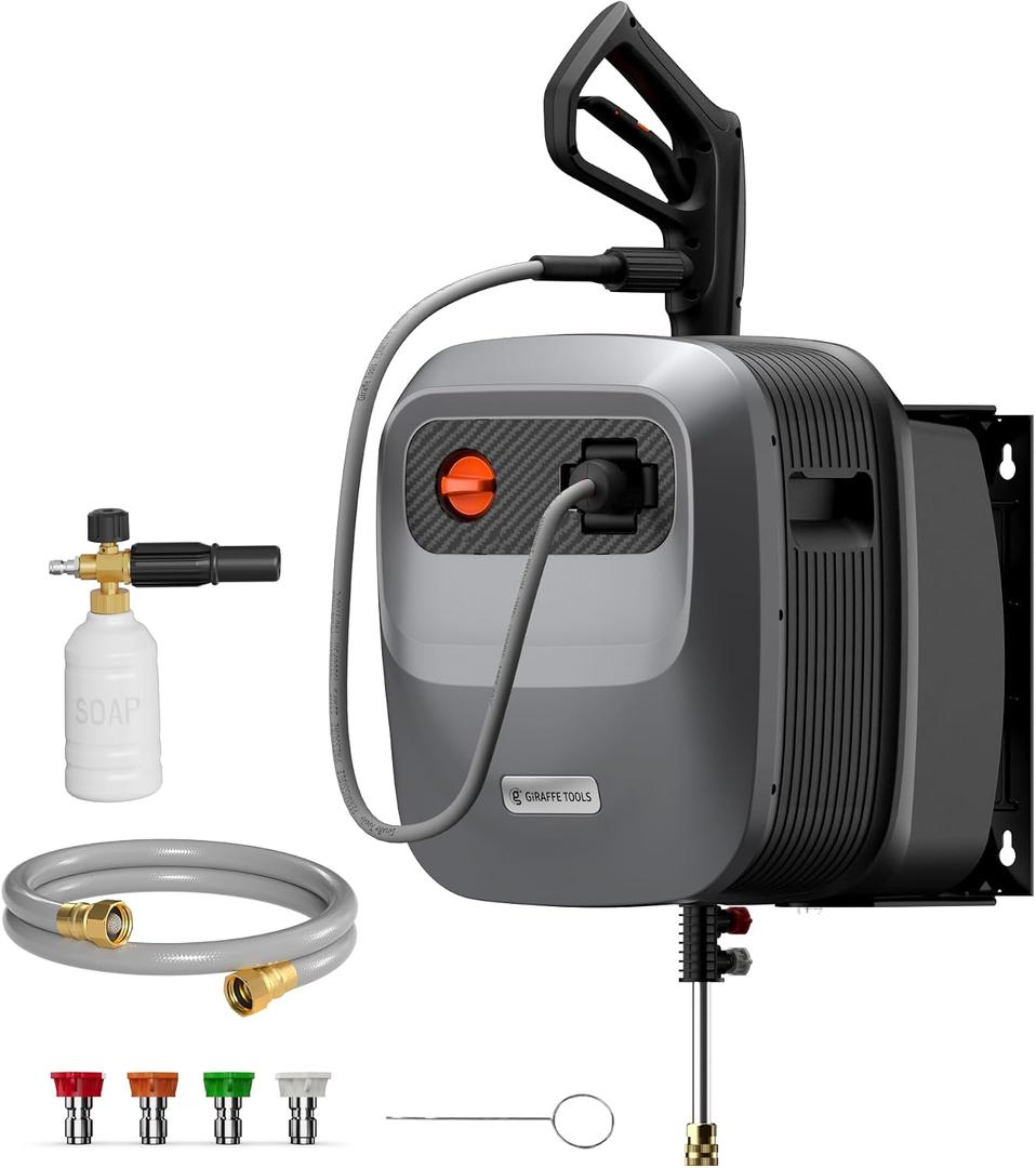 Giraffe Tools Grandfalls Retractable Pressure Washer G20, 2500 PSI 2.2 GPM, 180 Wall Mounted Power Washer, Auto-Retract with 65ft Pressure Hoses, 5 Nozzles for Floor/Cars/Fences/Patios, Dark Silver