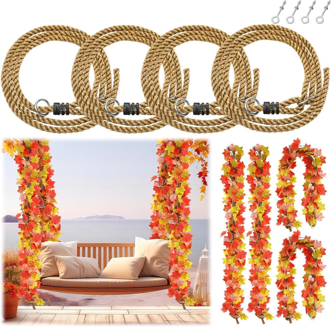 Seenelling 4 Pack Porch Swing Bed Rope Hanging Kit with Fall Maple Leaf Garland Decoration, 800 lbs Adjustable Heavy Duty daybed Swing Rope Straps for Porch Thanksgiving Garden Playground,10ft Length