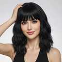 Pastel Black Wavy Bob Wig for Women, Short Shoulder Length Synthetic Wig with Bangs, Natural Looking Lightweight Hairpiece for Daily Wear & Cosplay Costume Party (14 Inch)
