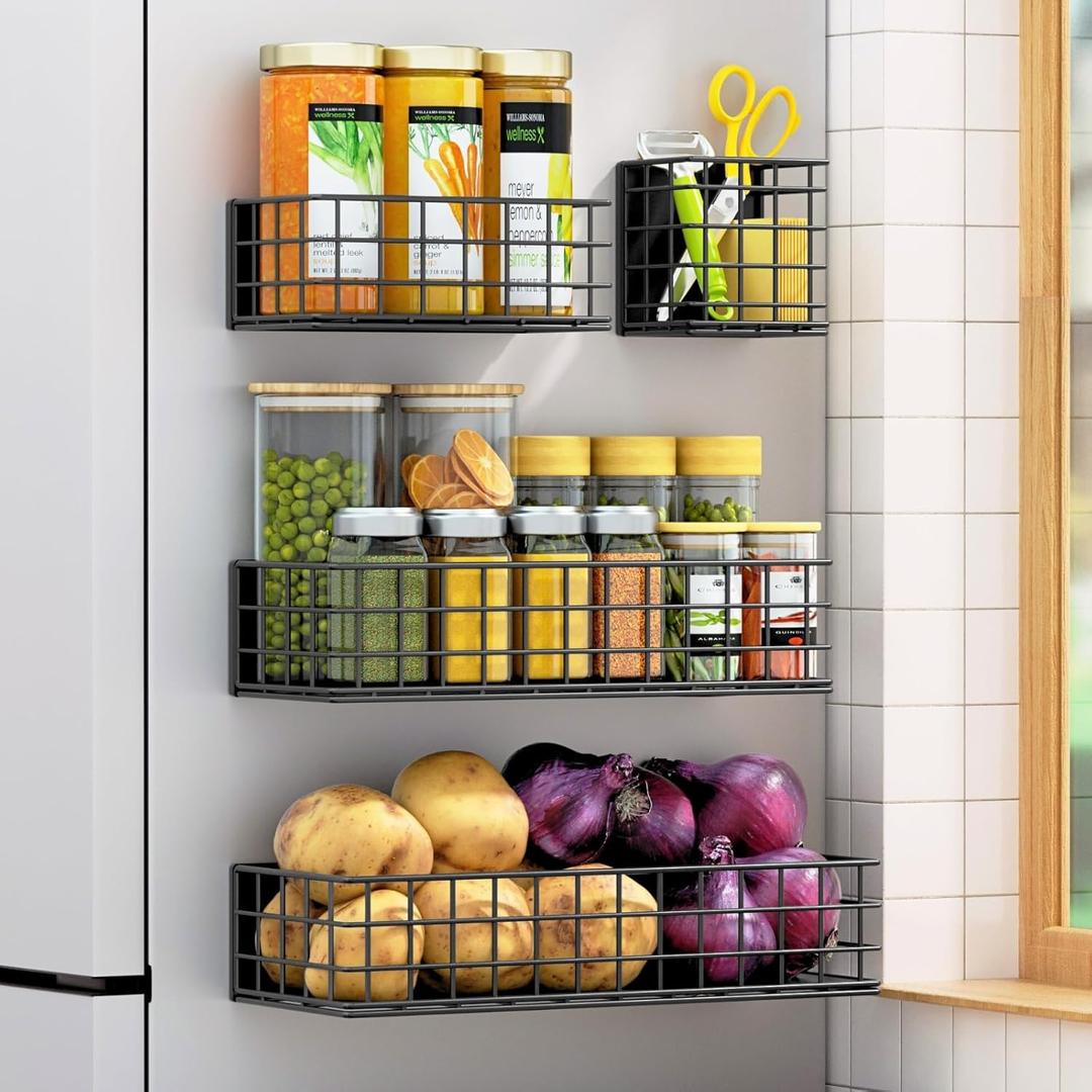Ofiray-home Magnetic Fridge Shelf, 4-Pack Metal Strong Magnet Rack, Space Saving Spice Organizer, Utensil Holder, Fruit Potato Onion Storage Bins, Black Refrigerator Organizers and Storage