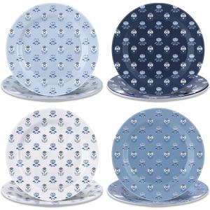 Gandeer 8 Pcs Vintage Floral Print Salad Plates 8 Inch Heavy Duty Plastic Blue Floral Dinner Plate Boho Dishes Assorted Design Spring Dinnerware Set for Party Birthday Bridal Shower