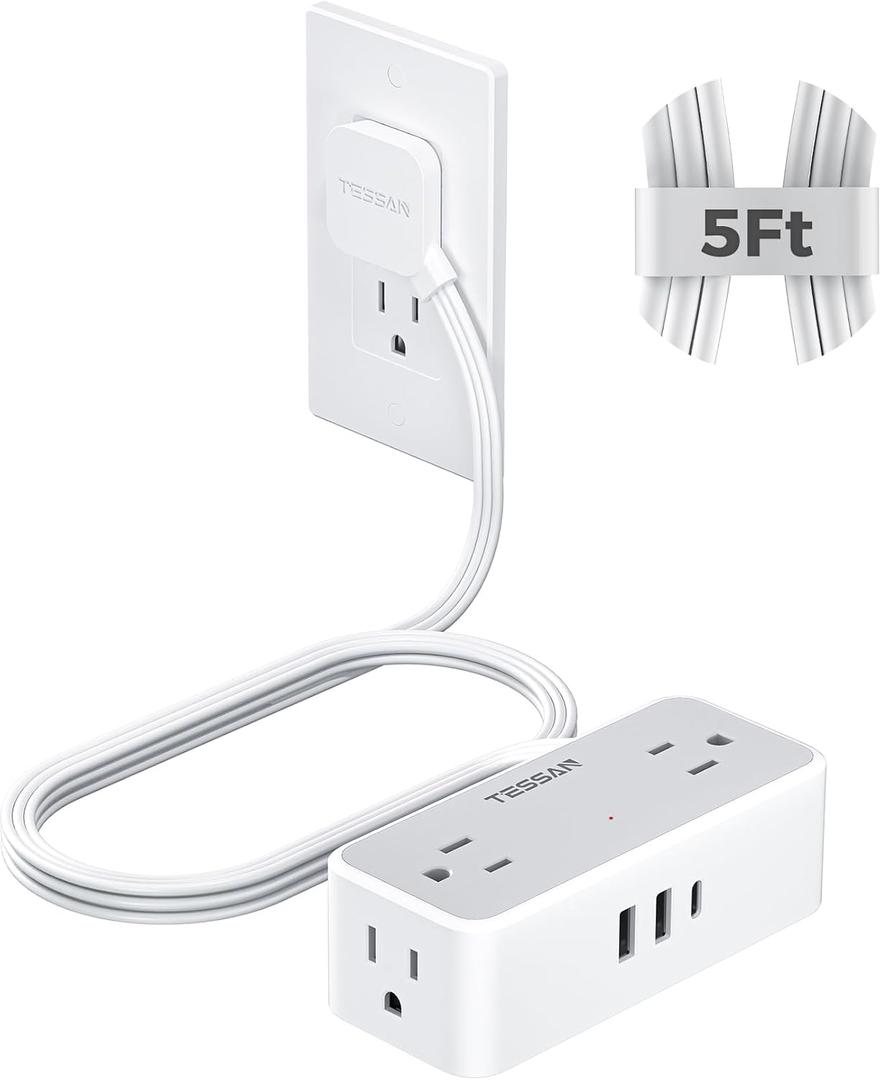 Flat Plug Extension Cord 5 FT, TESSAN Surge Protector Power Strip with 4 AC Outlets 1 USB C and 2 USB A Ports, 900 Joules Protection, Multiple Wall Outlet Extender Suitable for Home Office Dorm