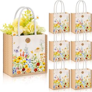 Abbylike 6 Pcs Floral Gift Bag Mini Reusable Flower Cielito Lindo Burlap Goodie Tote with Handle Button for Spring Wedding Bridal Shower Party Favor (Pastel Wildflowers)