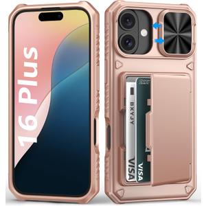 BXYJY for iPhone 16 Plus Phone Case Wallet, Built-in Card Holder (4-5 Cards), Slide Camera Lens Cover, Military Grade Drop & RFID Protection, Rugged Women Girly Men Case for iPhone 16Plus, Rose Gold