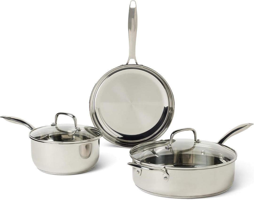 Amazon Basics Stainless Steel Cookware Set, 5-Piece, All Cooktop Friendly, Dishwasher-Safe, Induction Compatible