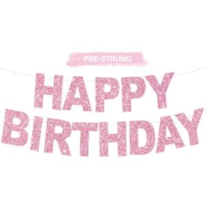BEISHIDA Pink Happy Birthday Banner - Pre-Strung,No DIY Party Decorations - Happy Birthday Sign - Birthday Banner for Women, Kids - Backdrop