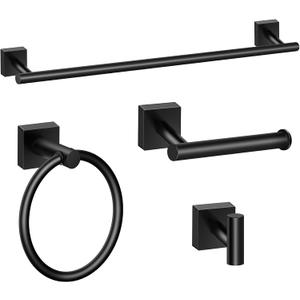 Bathroom Hardware Set 4 Pieces, Matte Black Stainless Steel Towel Bar Set, Includes 24In Towel Bar, Towel Ring, Robe Towel Hooks,Toilet Paper Holder, Wall Mounted Towel Rack Set