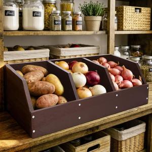 Potato Onion Storage Bin, Wooden Pantry Organizer with 3 Compartments, Open Front Produce Storage Organizer for Kitchen Counter, Fruit, Vegetable, Garlic and Coffee Bar, 5.91 x 11.81 x 19.68 inch / 15 x 30 x 50 cm
