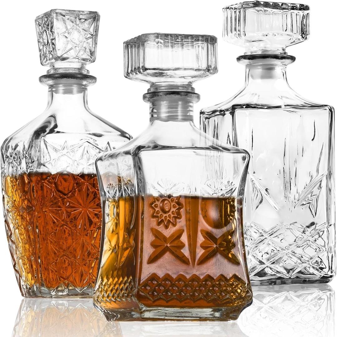 Whiskey Decanter, Liquor Decanters Set of 3, Glass Alcohol Bottle for Vodka, Tequila and Bourbon Unique Whiskey Bar and Party Decorations (28oz*2, 31oz*1) (hyaline)