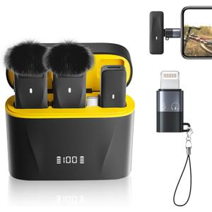 Wireless Lavalier Microphone for iPhone 15 16 Android with Lightning Adapter, USB C iPhone Microphone for Video Recording, Streaming -2 Pack, 48KHz 32Bit, 100ft, Noise Canceling