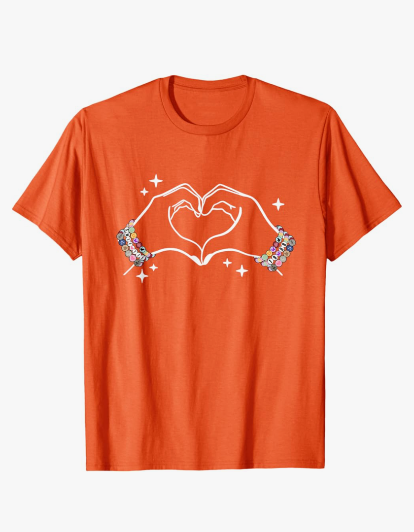 Heart Hands Taylor First Name Friendship Bracelet T-Shirt, Orange, Large