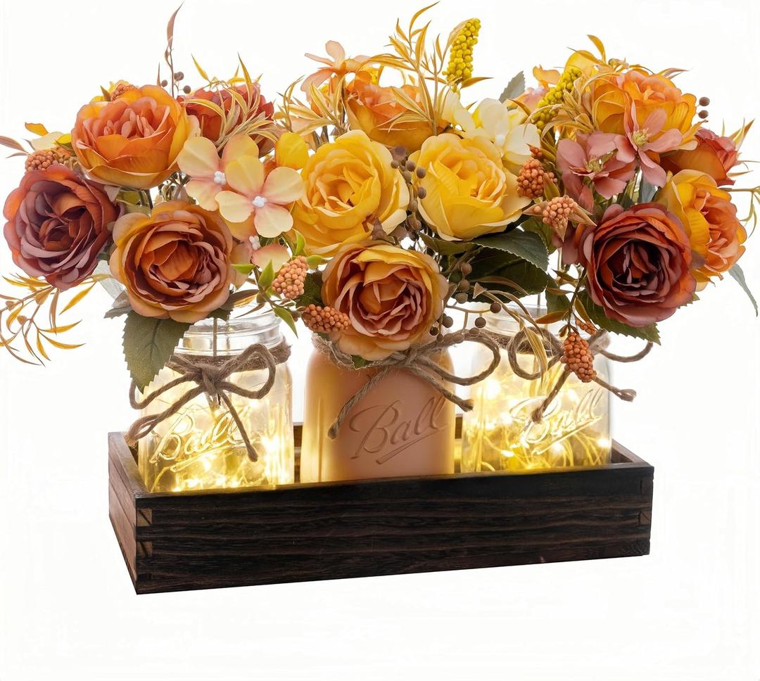 3PCS Artificial Fall Flowers in Mason Jars with Rustic Wood Tray Orange & Yellow Faux Floral Centerpiece Table Decorations, Farmhouse Autumn Decor for Kitchen, Coffee Table, Tiered Tray, Mantel, 
