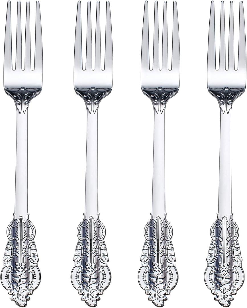 WDF 100 Piece Silver Forks Disposable - 7.48 Inch Silver Plastic Forks - Baroque Silverware for Dessert Cake - Heavy Duty Plastic Fork for Christmas Party, Wedding or Daily Using