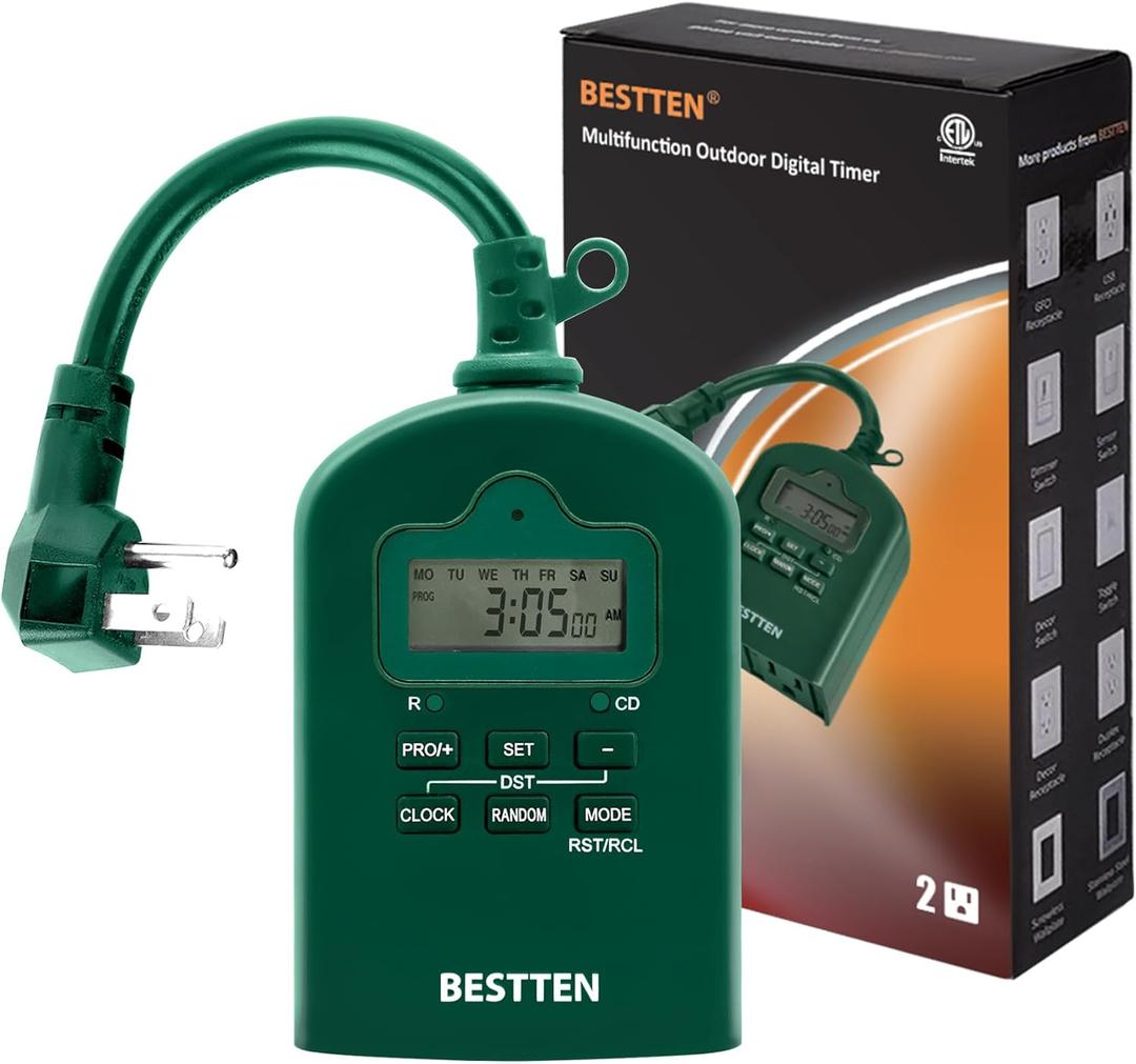 BESTTEN 7 Day Outdoor Digital Programmable Timer with Clock and Push Button, Countdown Timer with Dual Grounded Outlets, Weatherproof, Green, ETL Listed BESTTEN 7 Day Outdoor Digital Programmable Timer with Clock and Push Button, Countdown Timer with Dual Grounded Outlets, Weatherproof, Green, ETL Listed