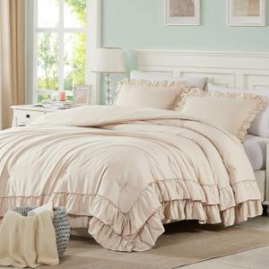 Cupocupa Beige Comforter Set  Twin XL Ruffle Farmhouse Bedding Set  Shabby Chic Fluffy Comforter for All Seasons  Includes Comforter & 1 Pillow Sham (Beige, Twin XL/Twin)