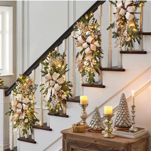 Artificial Christmas Swag Cordless Prelit Teardrop Swags Christmas Wreath with 30 Lights with Christmas Ball Staircase Front Door Wall Decor (B)