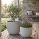 Set of 2 Large Oxide Magnesium Concrete Planters (15" & 18") - Round Grey Rustic Flower Pots with Drainage Holes, Handcrafted Outdoor Indoor Plant Containers for Patio, Front Porch, Garden Decor