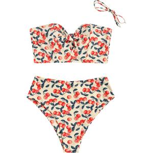 ZAFUL Women Ribbed Keyhole Tied High Waisted Bikini Spaghetti Straps Two Pieces Swimsuit Bathing Suit (Small, 0-cherry)