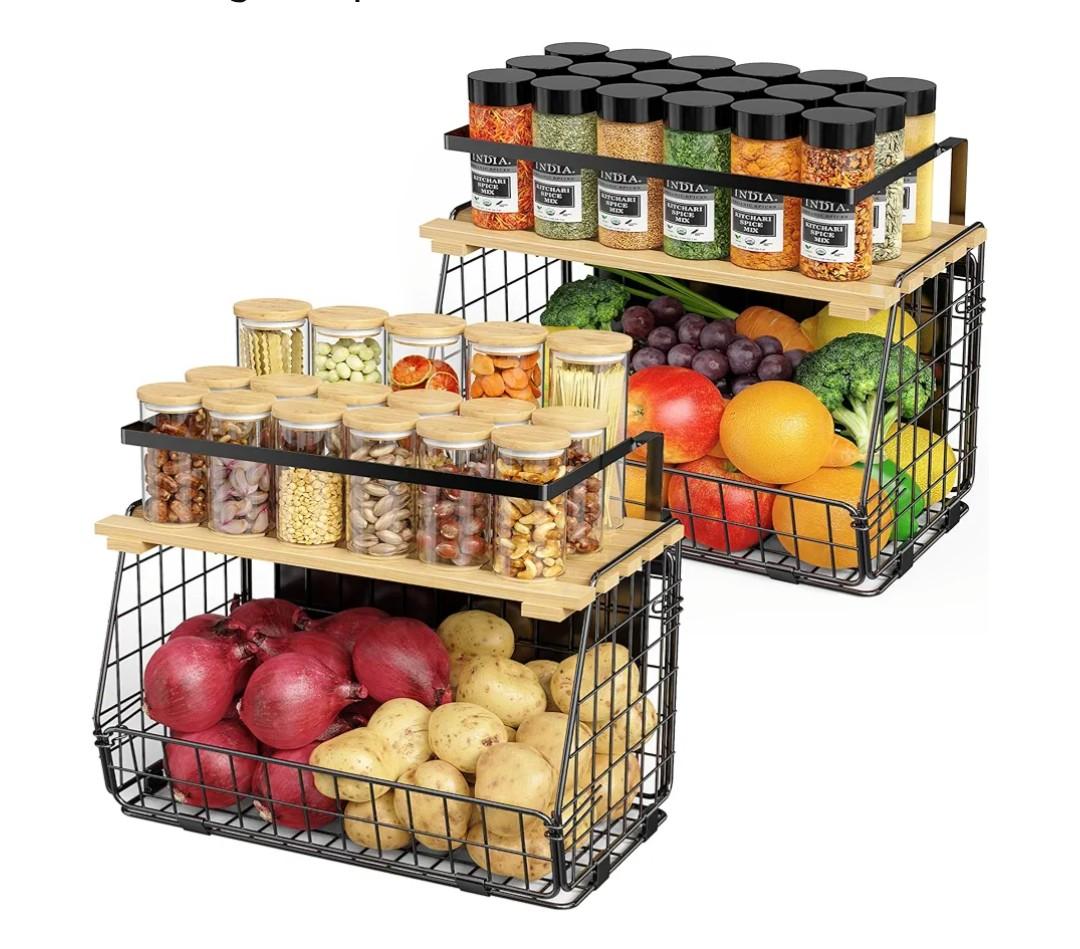 Magnetic Shelf for Fridge with Wood Lid: 2 Pack Fruit Potato and Onion Storage Bin - Magnetic Spice Rack for Refrigerator & Kitchen Counter - Pantry Organizers and Storage