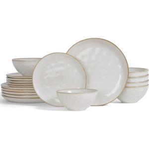 Famiware Ocean Round Plates and Bowls Set, 18 Pieces Dinnerware Sets, Dishes Set for 6, Reactive Glaze, Microwave and Dishwasher Safe, Scratch Resistant, Cappuccino White