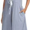 Women's Printed Nightgown, V-Neck Short Sleeve Midi Sleep Dress with Pockets, Loose Fit Comfortable Loungewear, L
