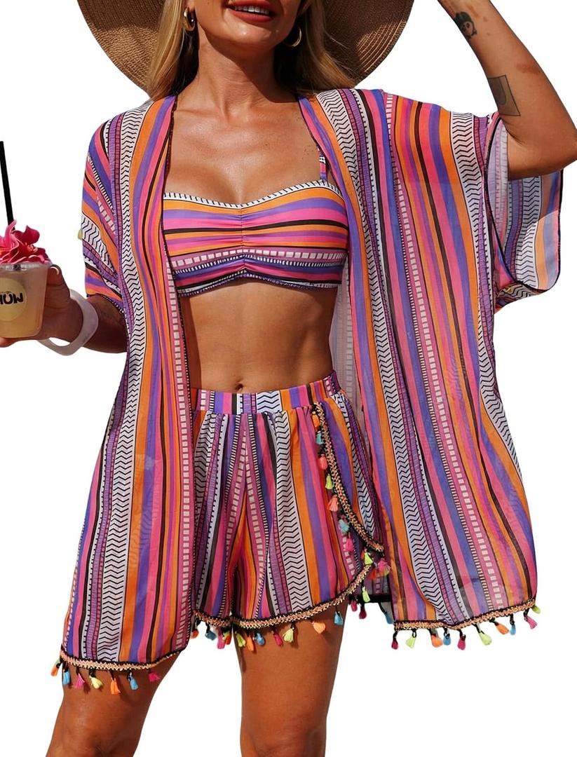 ZAFUL Women's 4 Piece Swimsuit with Fringe Bikini Cover Up Boho Swimwear | Striped Bathing Suit with matching cover up, Boho Swimsuit, Bandeau Top, High Cut Bottom (Pink) Large