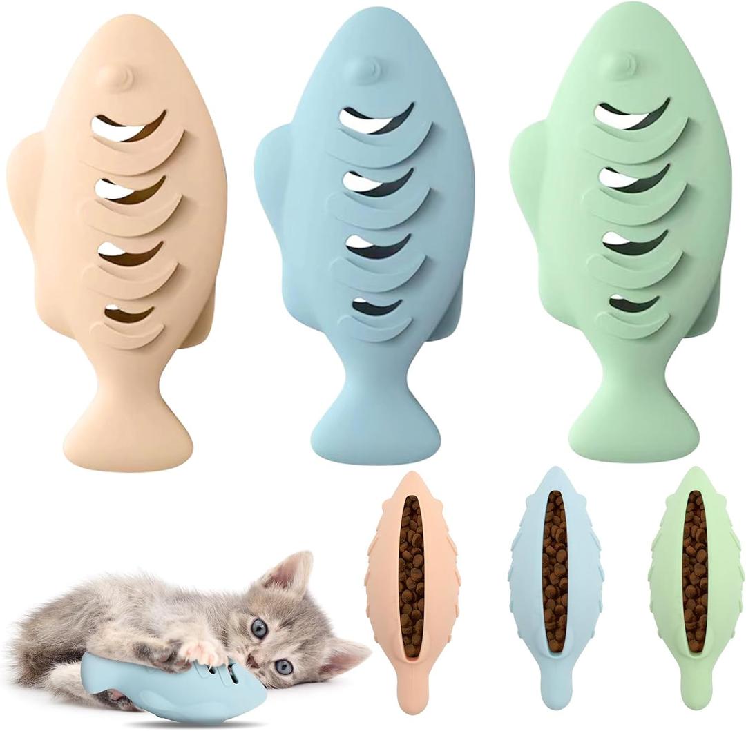 Fish Shape Cat Toys, 3 Pcs Food-Grade Silicone Kicker for Indoor Cats, Could Be Filled with Catnip or Cat Food, Interactive Toys for Kittens and Adult Cats