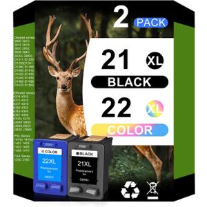 Remanufactured 21 22 Ink Cartridge Replacement for HP 21 XL 22 XL 21XL 22XL Combo Pack Used with HP OfficeJet 5610 4315 J3680 DeskJet F2210 F4180 F300 F335 PSC 1410 Printer (1 Black, 1 Color)