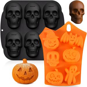 Halloween Skull Cake Pan & Pumpkin Silicone Molds Set  6 Cavity 3D Skull Baking Pan + 6 Halloween Shape Silicone Molds (Pumpkin, Ghost, Bat) for Cakes, Chocolate, Candy, DIY Party Baking