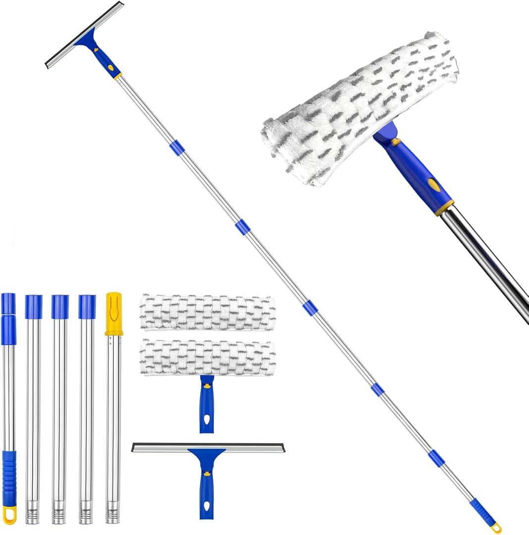 81" Window Squeegee Cleaner, Window Cleaning Tool Kit,12" Squeegee and 11" Microfiber Scrubber Combi with Stainless Steel Pole for Car,Sliding Door,Shower Glass Door-Swivel Style-2 Pads, 81.5"