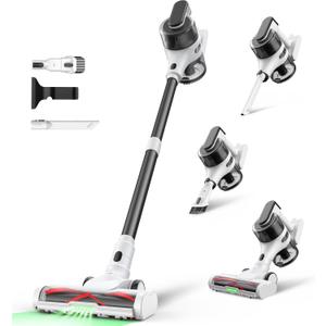 Cordless Stick Rechargeable Vacuum Cleaner, Lightweight, 55min Runtime, 9 in 1 Powerful Suction, Self Standing, Anti Tangle LED Headlight, Ideal for Carpets, Hardwood Floors, Pet Hair, and Home (Black & White)