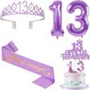 13th Birthday Decorations for Girls Purple with 13th Birthday Sash and Crown, Cake Topper and Candles, Number Balloons, 13 Year Old Gifts for Girls