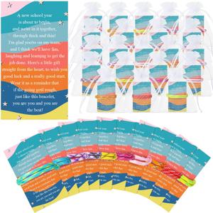 Liliful 30 Set First Day of School Bracelets Neon Friendship Bracelets Adjustable Rope Woven Bracelet Greeting Cards Bags for Students Spring Classroom Gifts from Teachers
