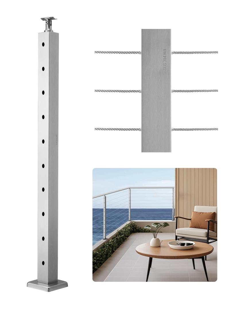 VEVOR Level Drilled Cable Railing Post, 10 Holes, 36x2x2 Inches Stainless Steel Cable Railing System Kit for Indoor Outdoor Deck Balcony, 1 Pack, Silver, Product ID 1JZLGZXYS91466KZK001V0
