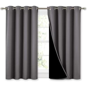 NICETOWN 100% Blackout Curtains with Black Liners, Thermal Insulated Full Blackout 2-Layer Lined Curtains, Energy Efficiency Window Draperies for Dining Room (Grey, 2 Panels, 52-inch W by 45-inch L)
