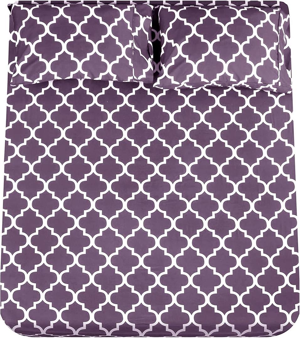 Mejoroom Queen Bed Sheet Set - Super Soft Brushed Microfiber 1800 Thread Count Queen Sheets with 16 inch Deep Pocket - Wrinkle Free - 4 Piece(Queen, Purple Quatrefoil with White Pattern)