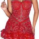 Sexy Feather Rhinestone Backless Mesh Sheer Burlesque Outfit Nightout Clubwear Birthday Party Dress (Small, 027white)