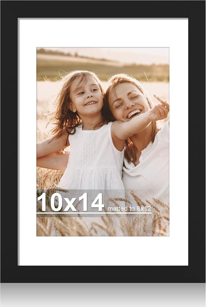 Hongkee 10x14 Picture Frame with Real Glass - 8x12 Wooden Frame with Mat, Horizontal and Vertical Display for Wall or Tabletop (Black, 1 Pack)