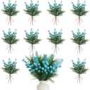 Geosar 24 Pieces Blue Christmas Artificial Greenery Pine Branches Small Holly Artificial Berries Picks Bulk for Crafts Wreath Decoration Xmas Tree Party Gift for Christmas Holiday Decor