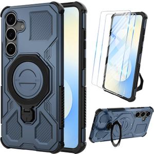 Vaki for Samsung Galaxy S25 FE Case with Tempered Glass Screen Protector, Heavy Duty Military Grade Shockproof Protective Cover 360 Ring Magnetic Kickstand Cell Phone Case for Samsung S25 FE (Blue)