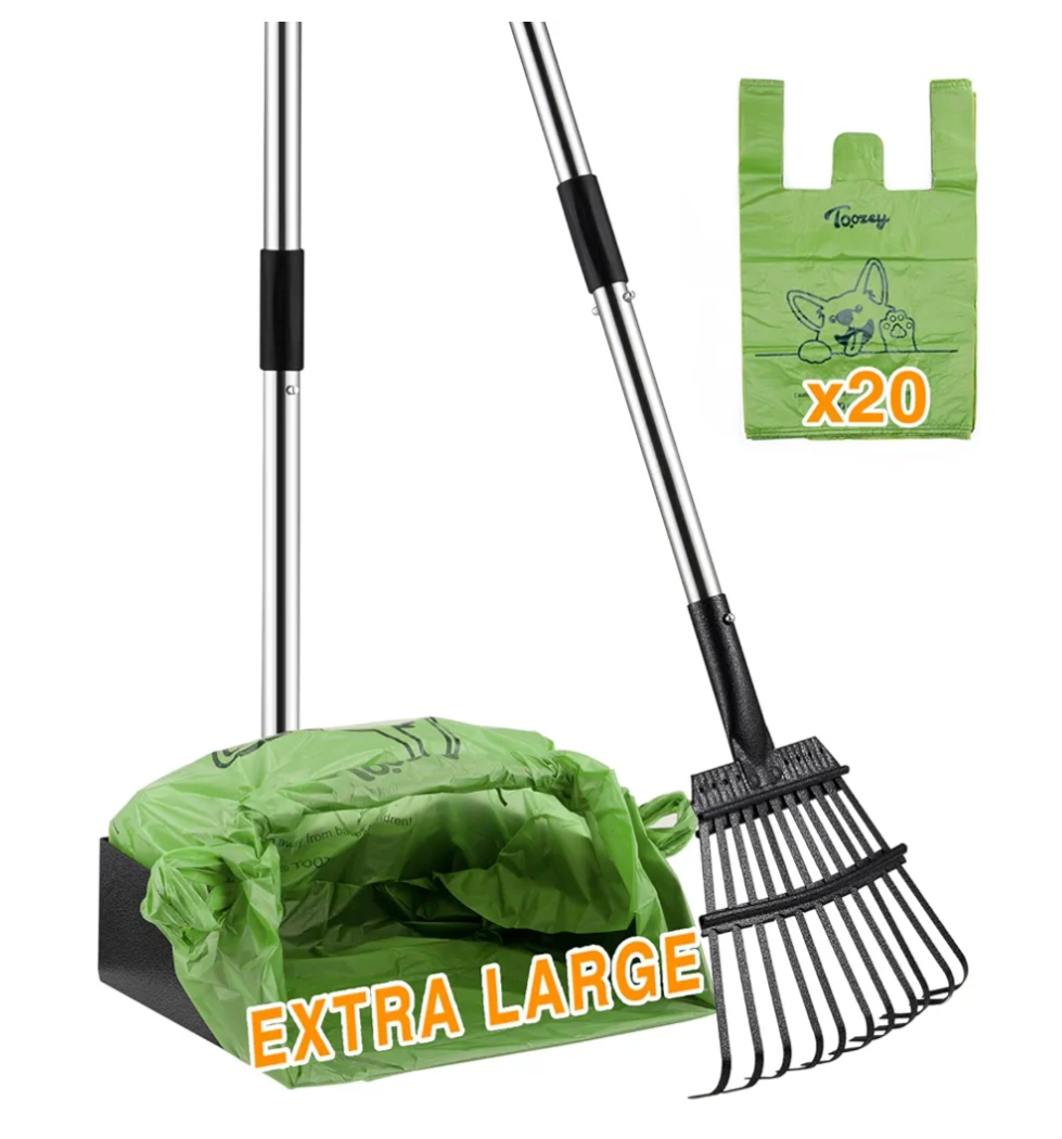 Toozey Unbreakable Dog Pooper Scooper with Extra Large Stainless Metal Poop Tray & 43.31" Long Handle Rake Scoop, Easy Waste Cleanup for Large, Medium, Small Dogs with 20 Bags