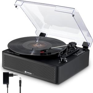 Vangoa Vinyl Record Player with 2 Built-in Speakers, Wireless Belt Drive Turntable Support 3 Speed 3 Size, AUX-in, Headphone, RCA All-in-one Retro Vinyl Players, RP-02, Black
